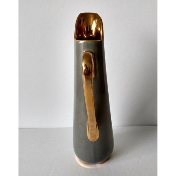 Vintage Gray Pitcher 24k Plated Trim Slim 8" x 2" Grey Kitchen Home Decor Vase - Picture 3 of 6